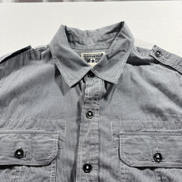 Converse One Star Other - Converse One Star Striped Button Down Shirt Men Medium Short Sleeve Utility Blue